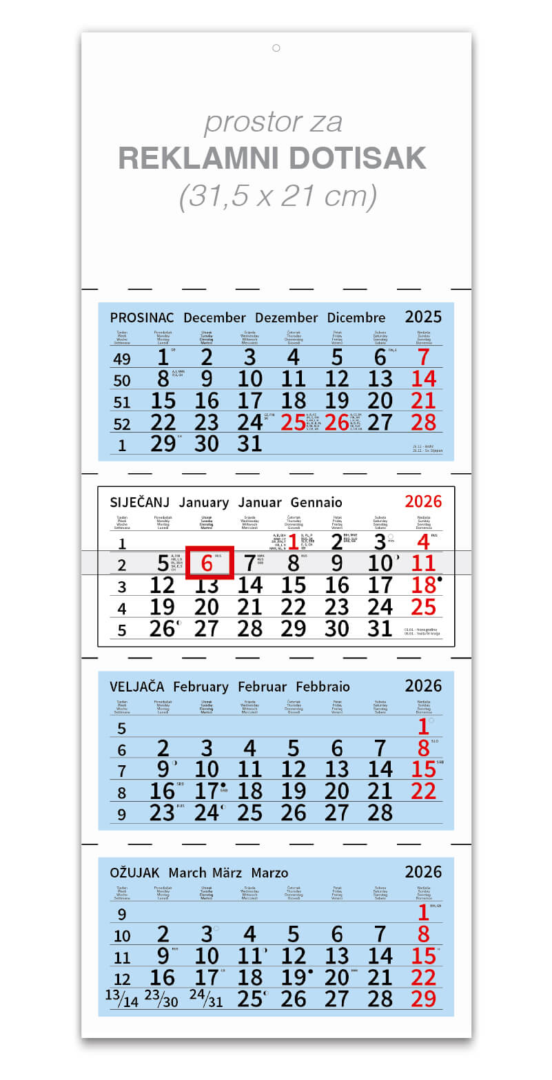 Četverodjelni plavi poslovni kalendar