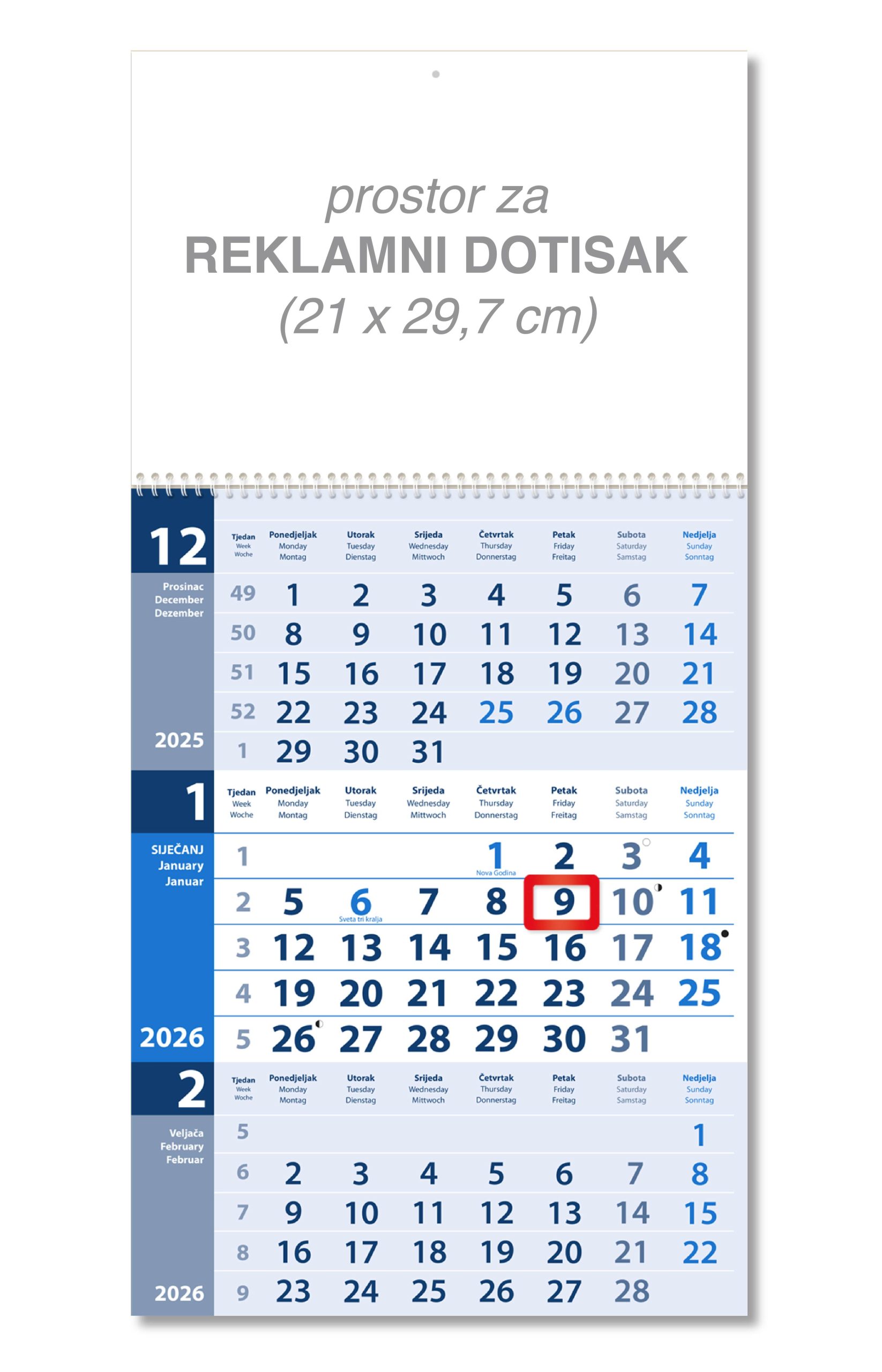 Plavi trodjelni poslovni kalendar spirala
