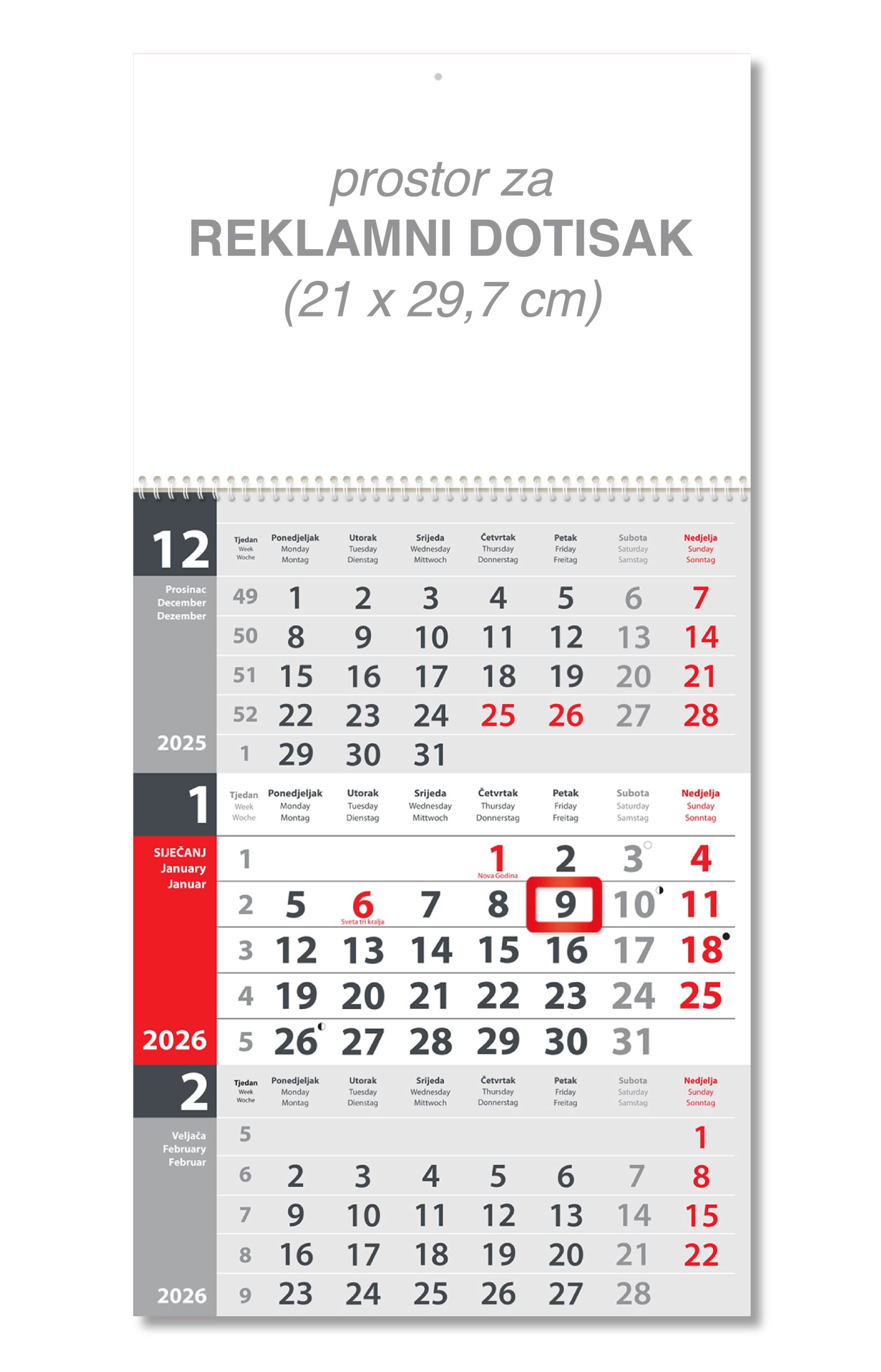 Sivi trodjelni poslovni kalendar spirala