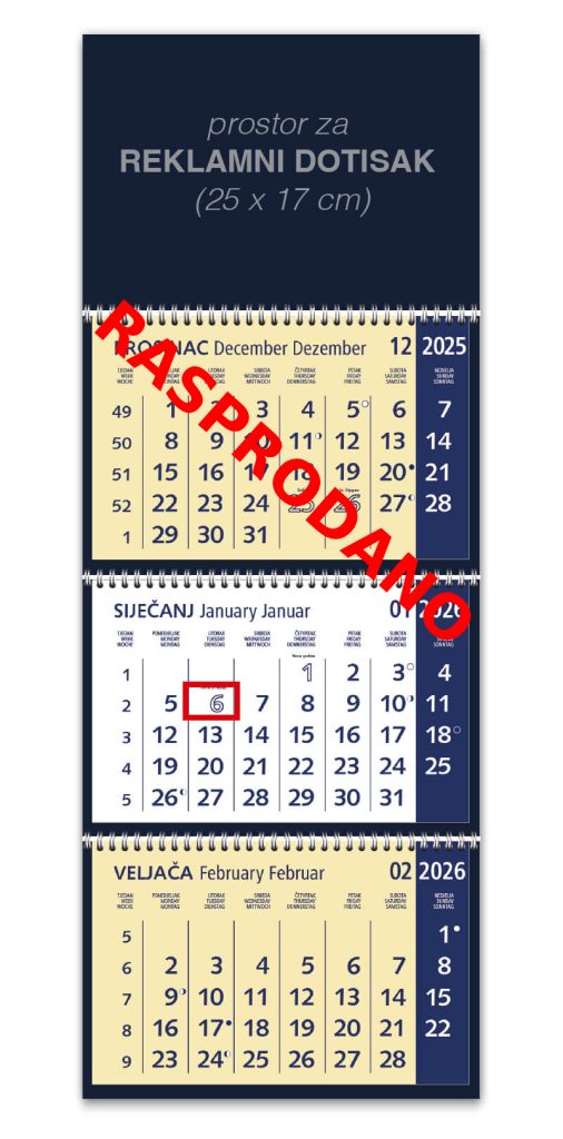 Trodjelni plavi poslovni kalendar 3 spirale