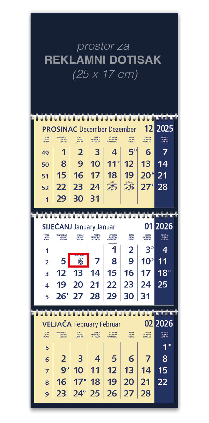 Trodjelni plavi poslovni kalendar 3 spirale