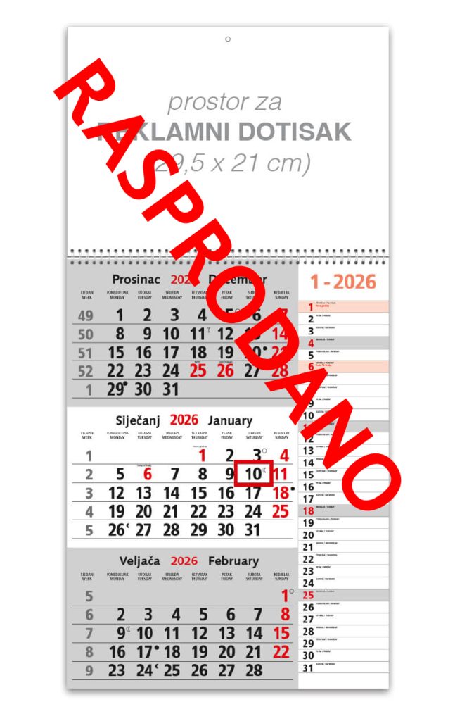 Trodjelni sivi memo poslovni kalendar