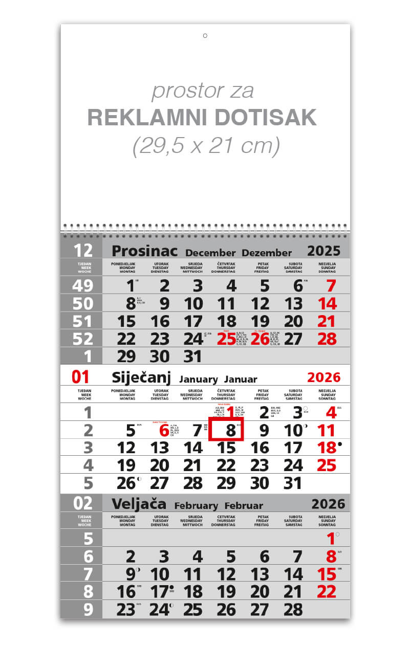 Trodjelni sivi poslovni kalendar spirala