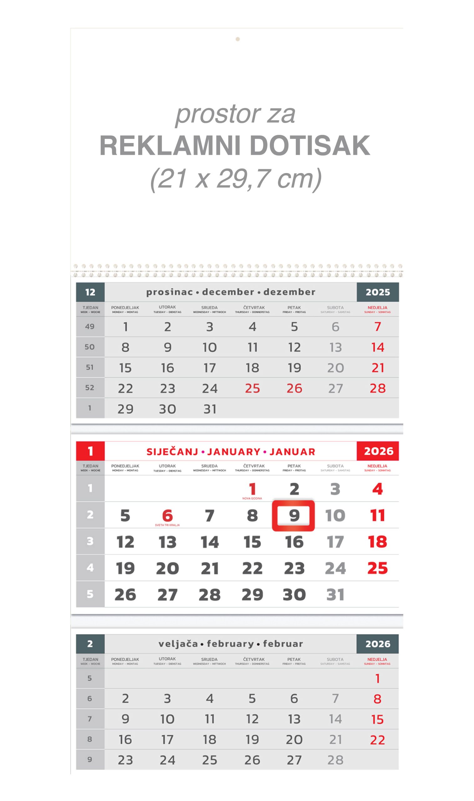 Veliki trodjelni sivi poslovni kalendar